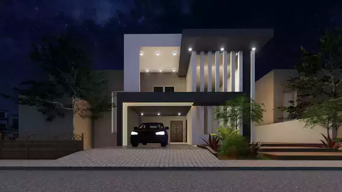 Exterior modern house with car parked Low-poly 3D model
