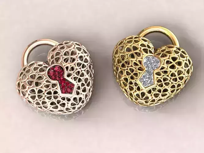 Wireframe Flowers Heart Padlock Charm Pendant 3D print model
