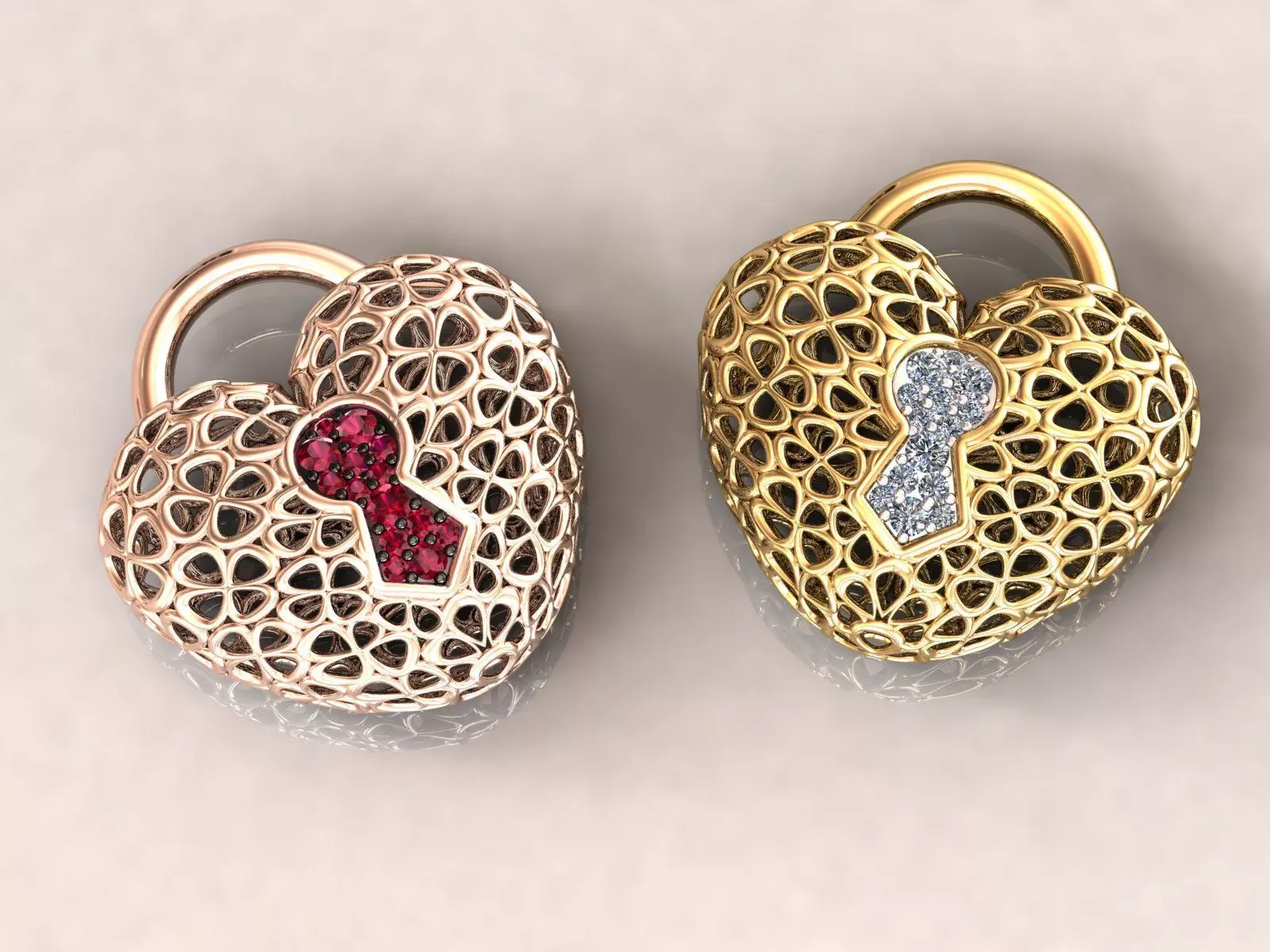 Wireframe Flowers Heart Padlock Charm Pendant 3D print model_0