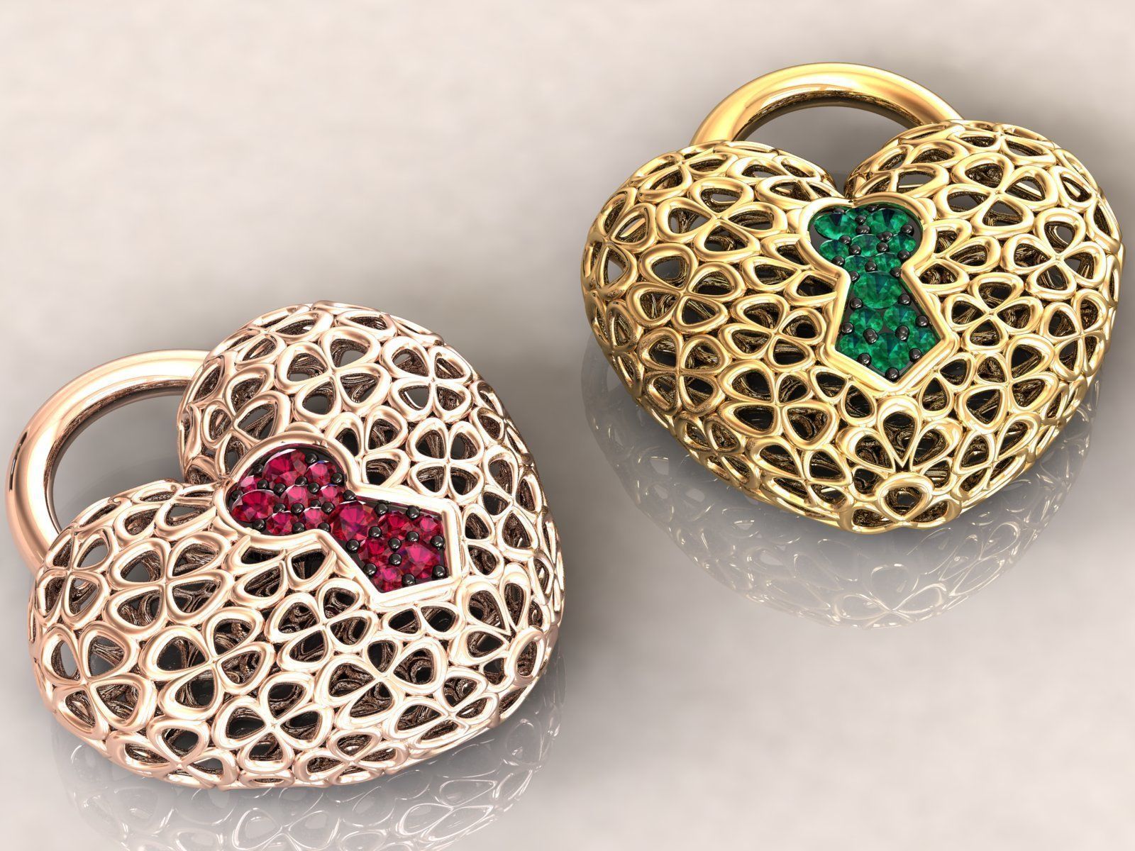 Wireframe Flowers Heart Padlock Charm Pendant 3D print model_1