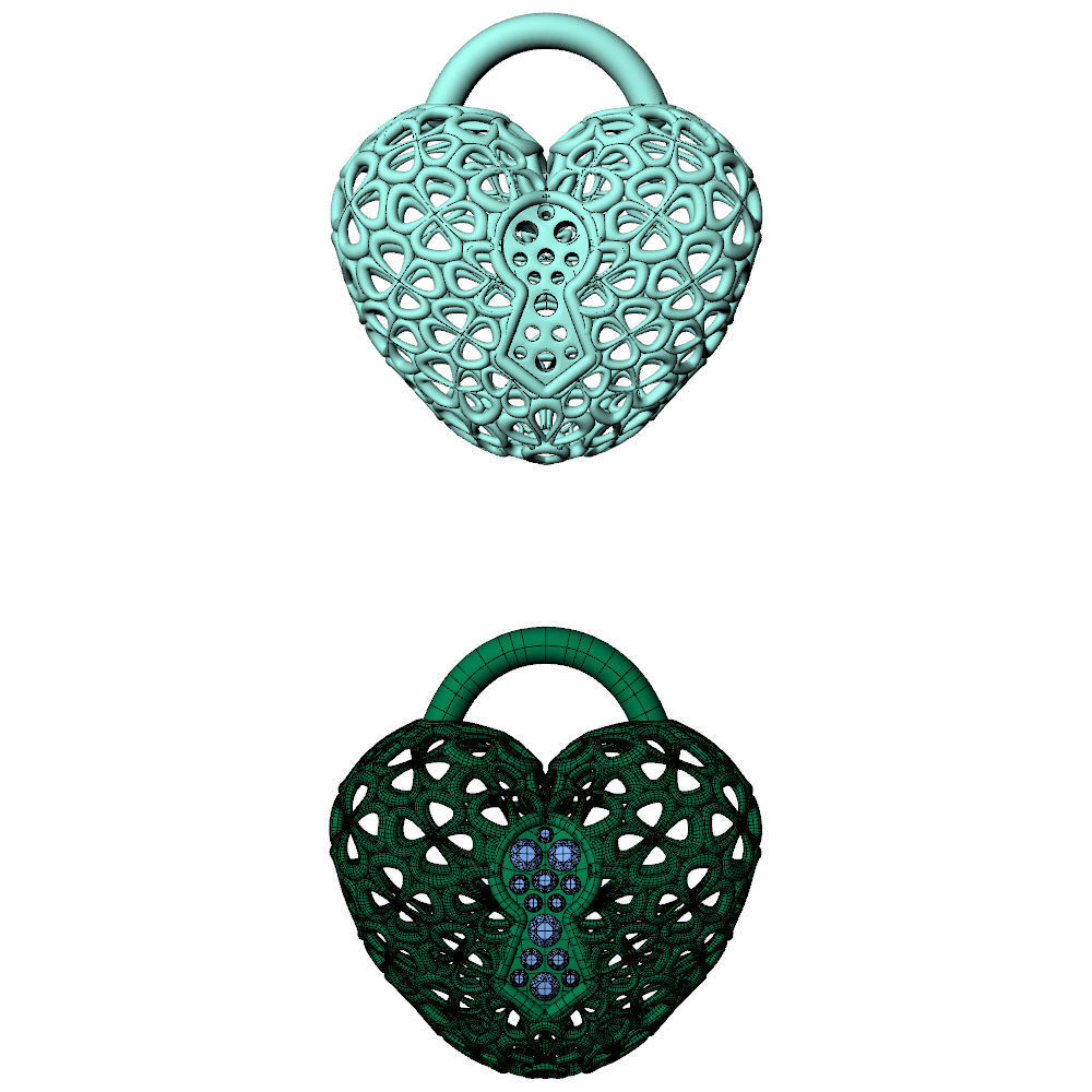 Wireframe Flowers Heart Padlock Charm Pendant 3D print model_5