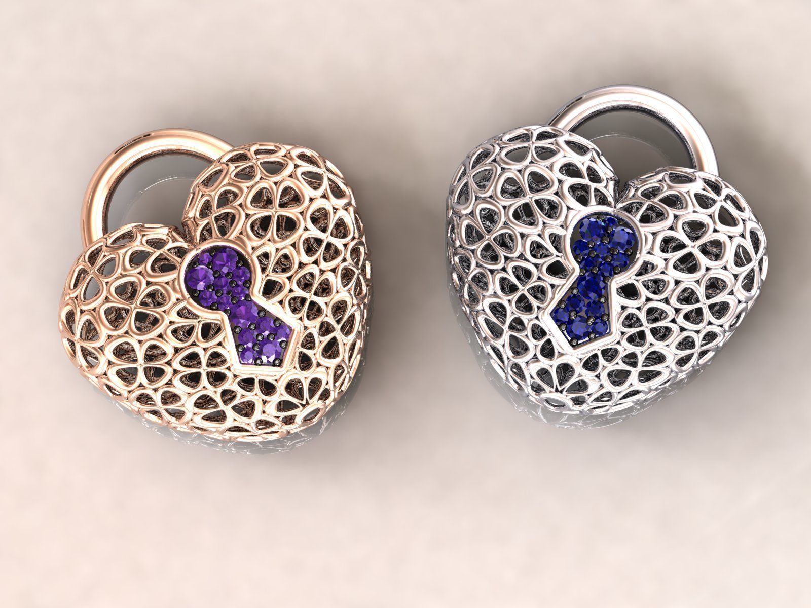 Wireframe Flowers Heart Padlock Charm Pendant 3D print model_2