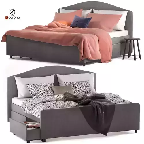 IKEA HAUGA BED Queen with two Pillows and blankets 3D model