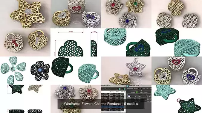 Wireframe  Flowers Charms Pendants 3D Model Collection