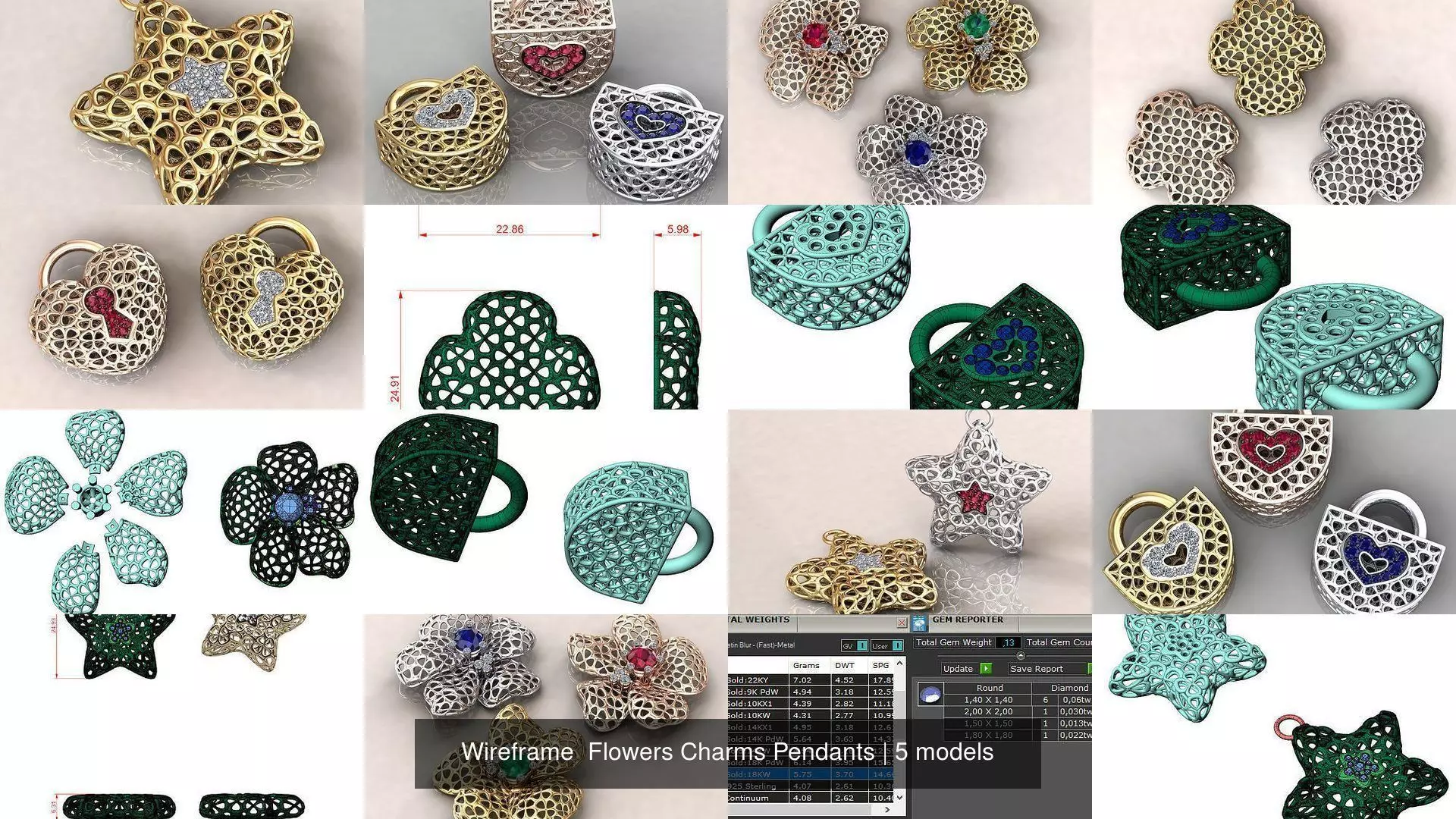 Wireframe  Flowers Charms Pendants 3D Model Collection_0