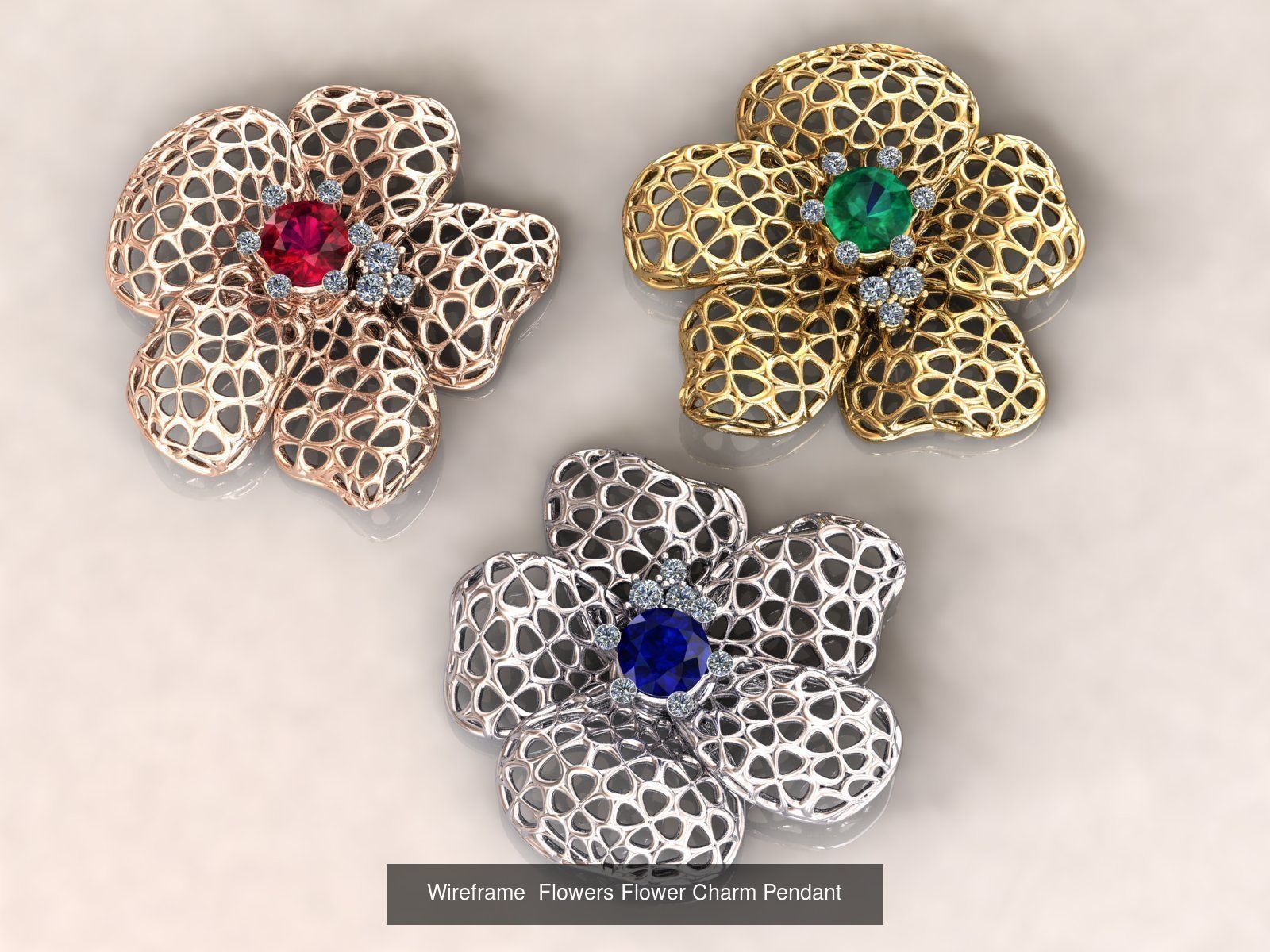 Wireframe  Flowers Charms Pendants 3D Model Collection_3