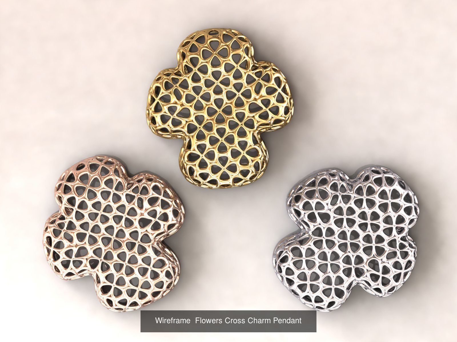 Wireframe  Flowers Charms Pendants 3D Model Collection_4