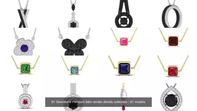 61 Gemstone Pendant 3dm render details collection 