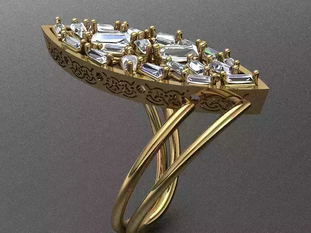 Leaf Shaped Golden Ring With Baguette Diamonds