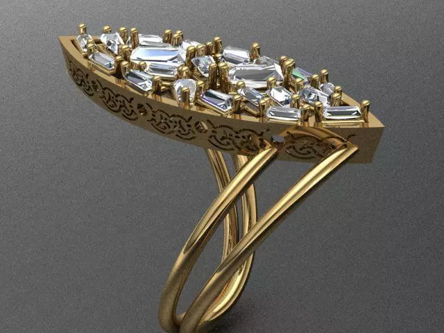 Leaf Shaped Golden Ring With Baguette Diamonds 3D print model