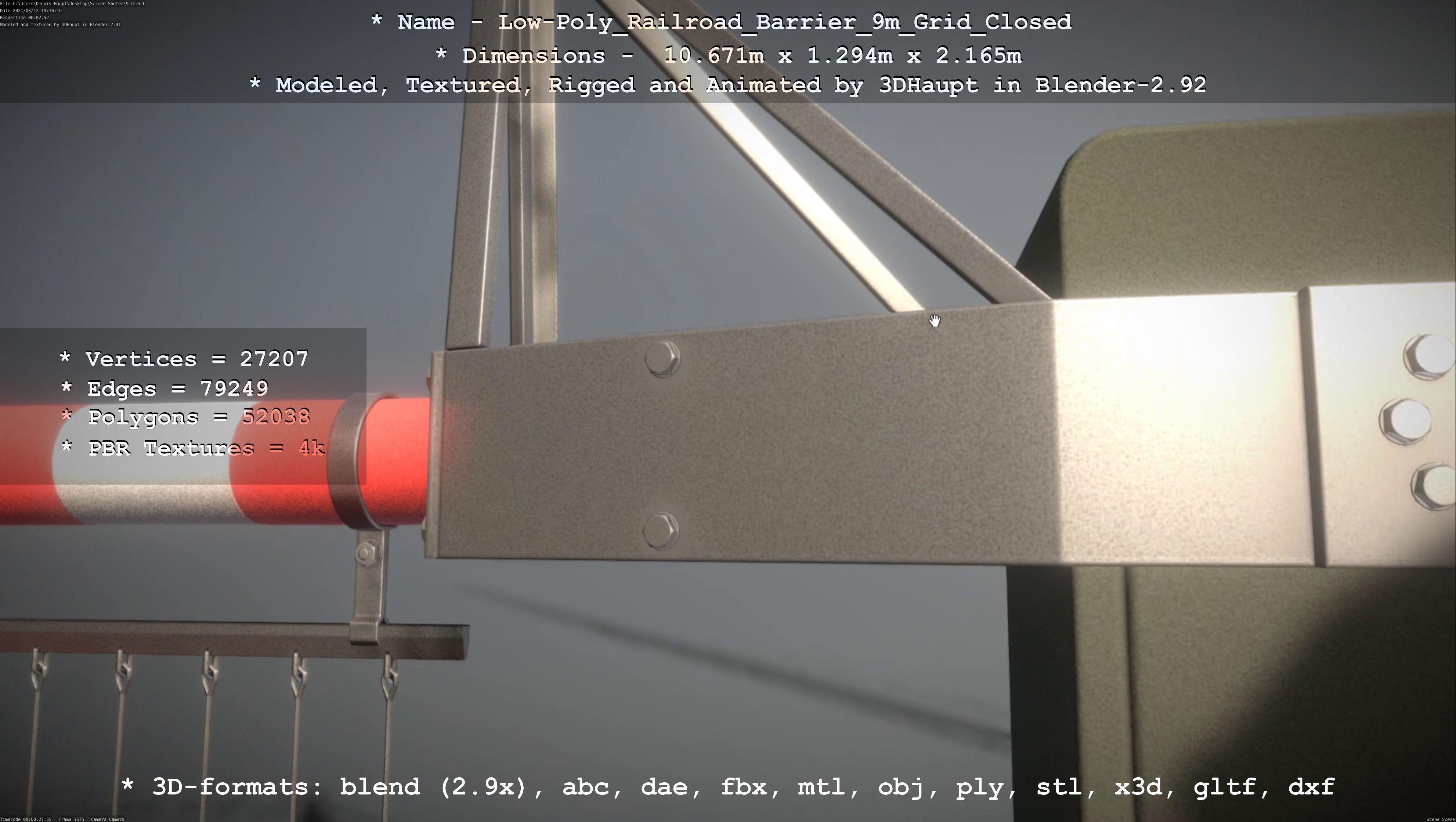 Low-Poly Railroad Barrier 9m with Protective Grid Low-poly 3D model_91