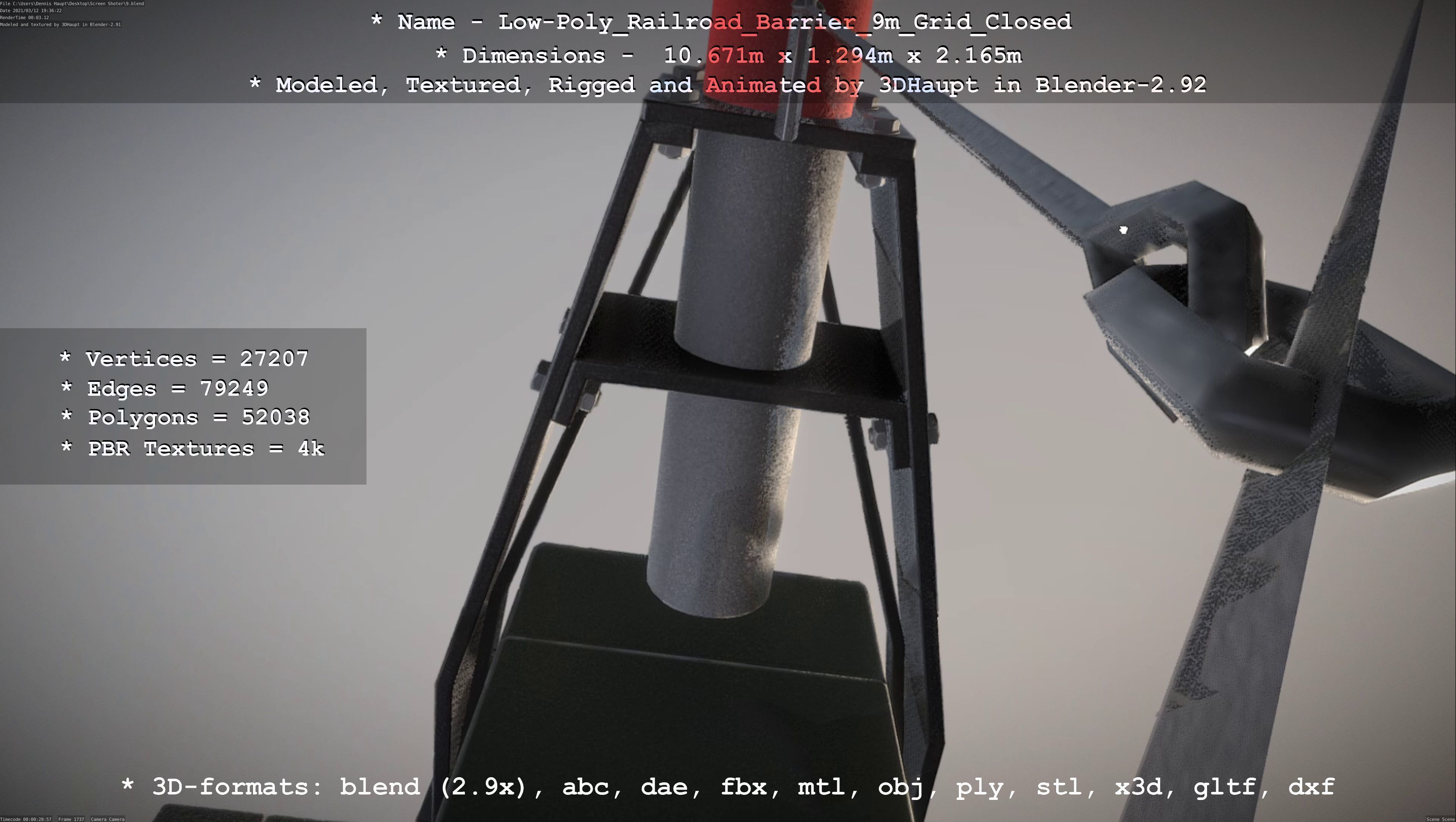 Low-Poly Railroad Barrier 9m with Protective Grid Low-poly 3D model_24