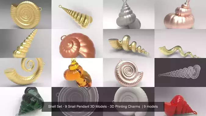 Shell Set - 9 Snail Pendant 3D Models - 3D Printing Charms 