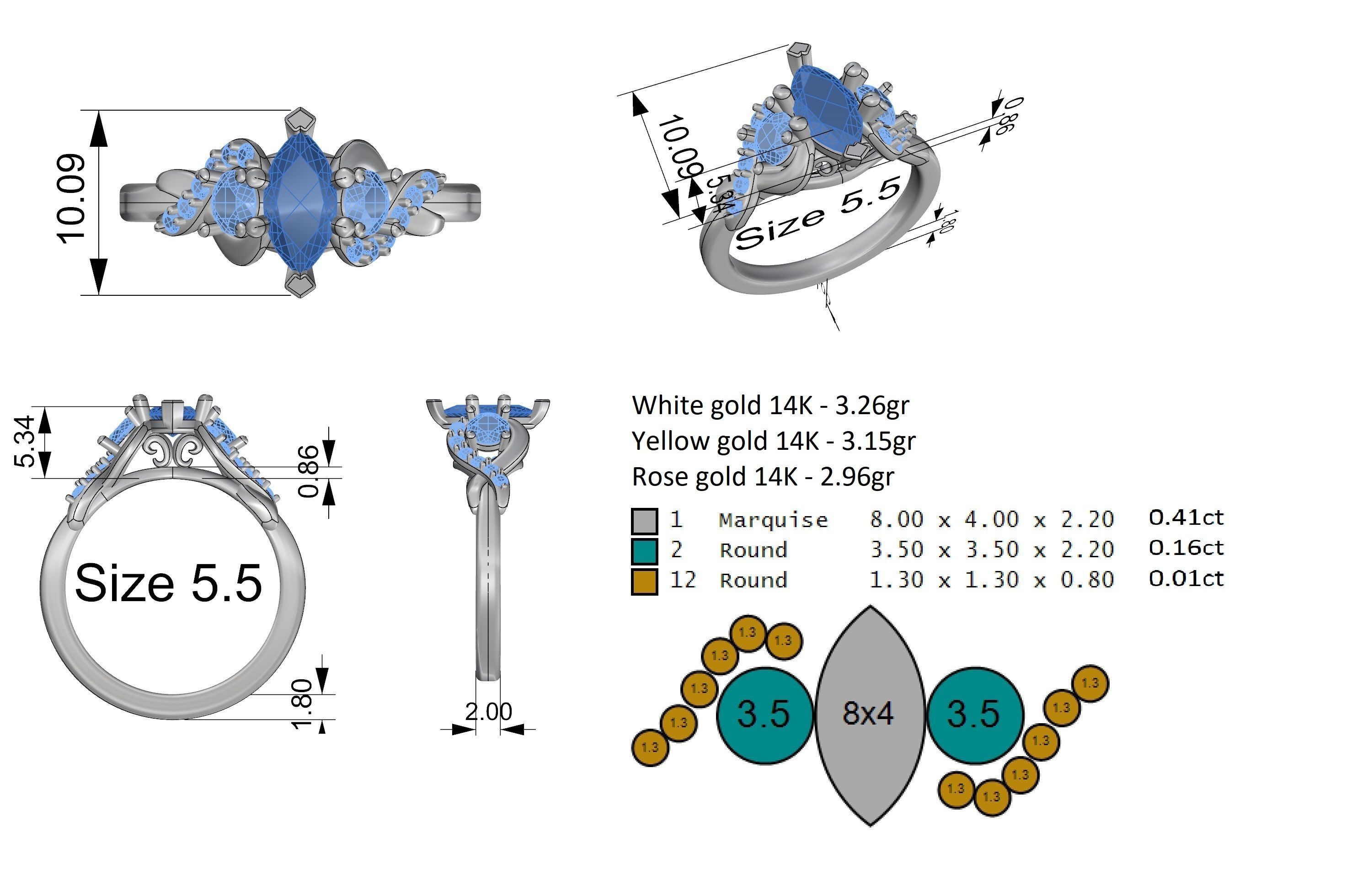 Ring with marquise 3D print model_5