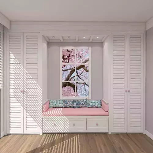 Childroom bedroom with window seat and closets