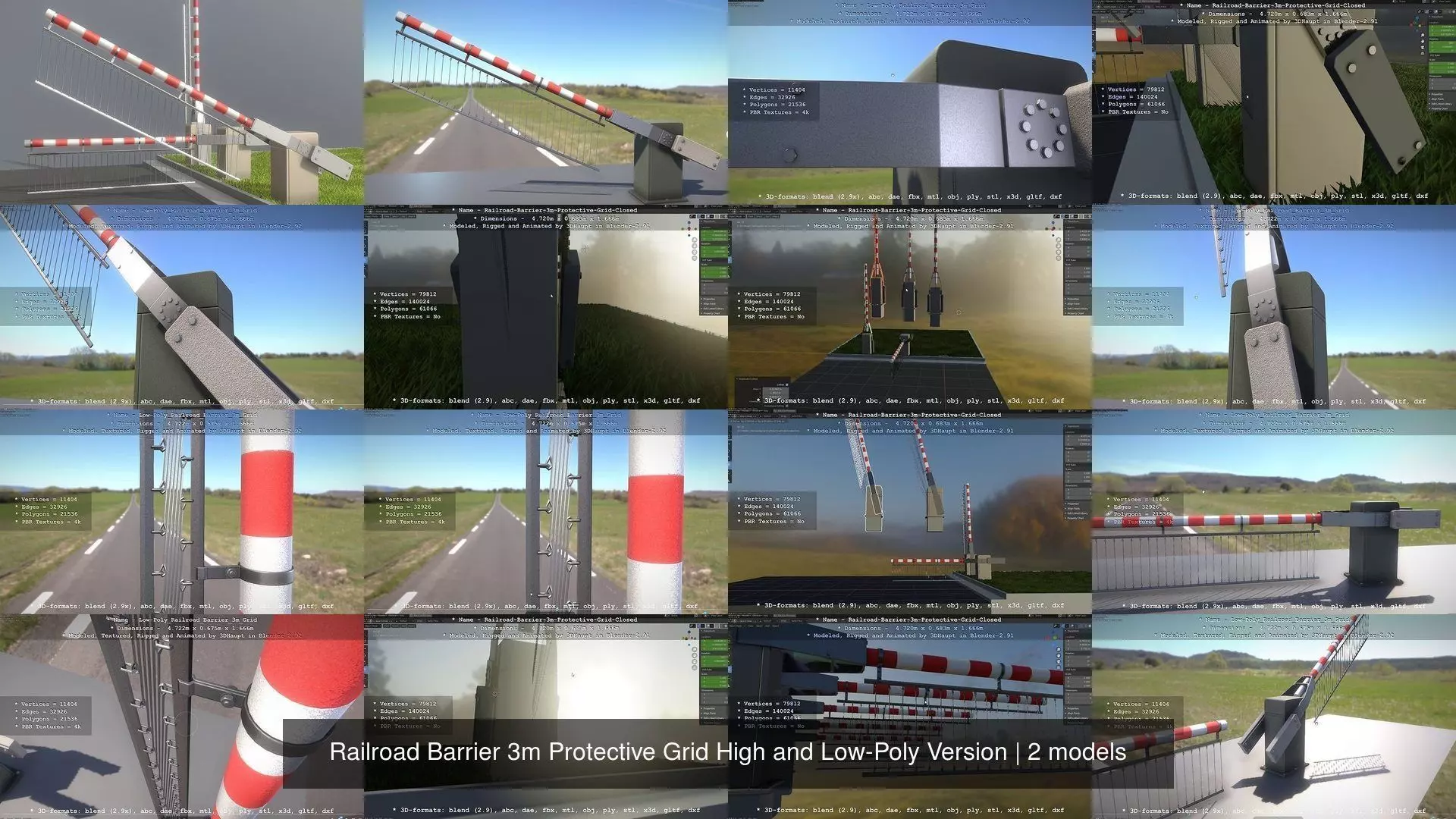Railroad Barrier 3m Protective Grid High and Low-Poly Version 3D Model Collection_0