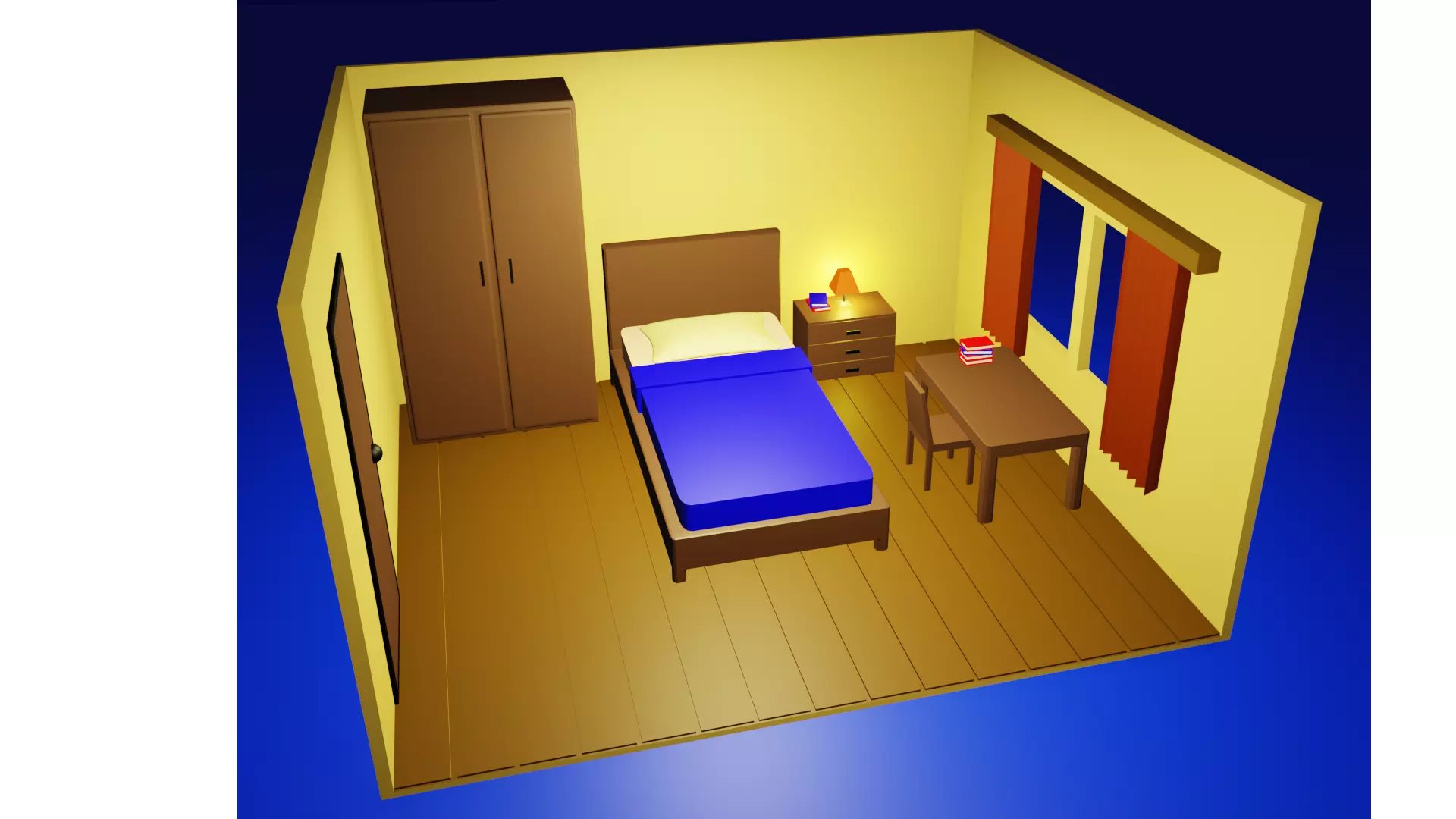 Bedroom room with bed and desk Free low-poly 3D model_0