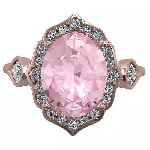 Oval scallop halo ring with flower basket and leaf sideband