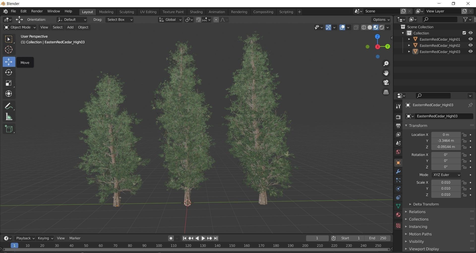 Eastern Red Cedar tree collection 12 trees Models in the scene Low-poly 3D model_2