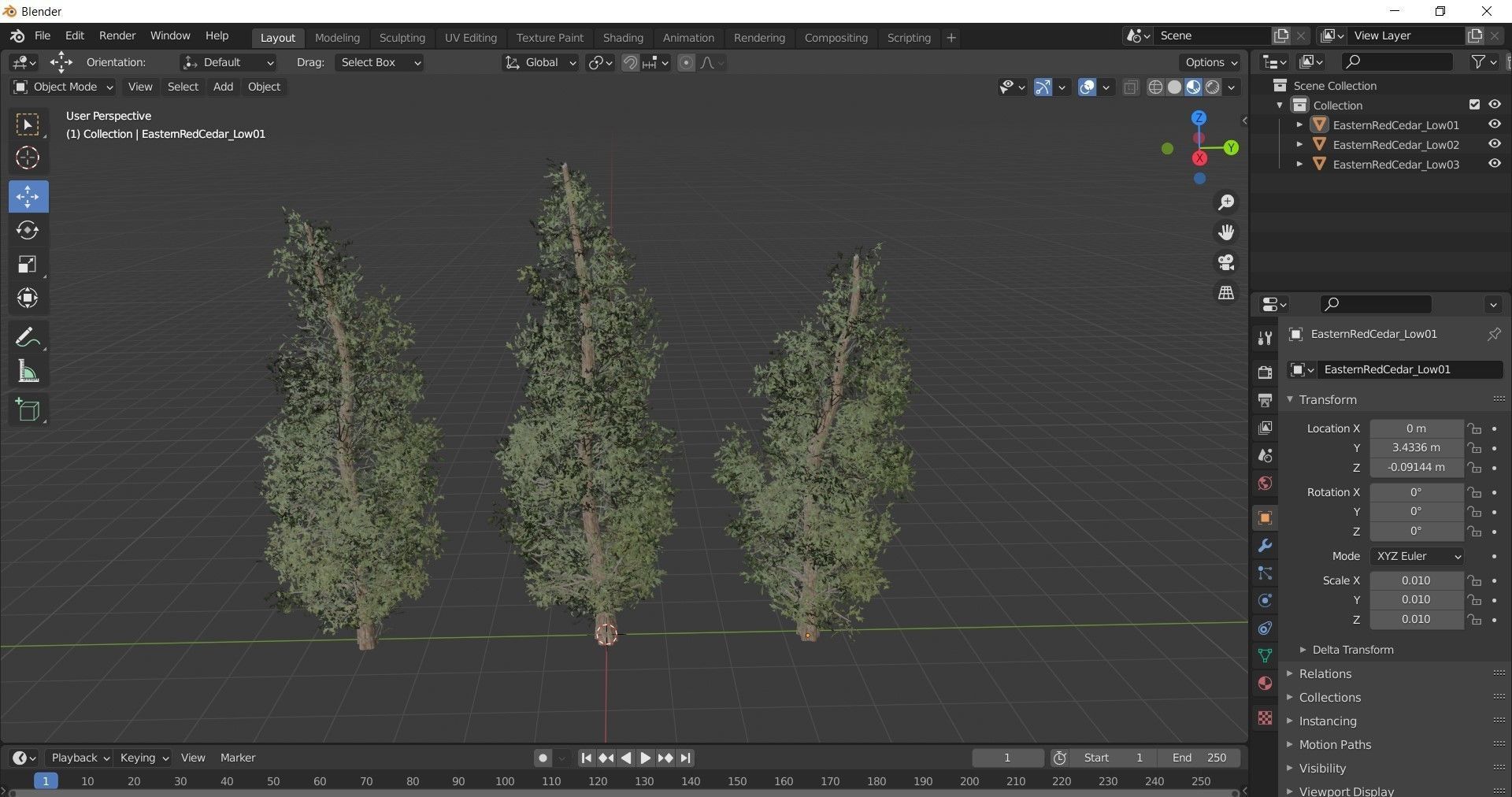 Eastern Red Cedar tree collection 12 trees Models in the scene Low-poly 3D model_3