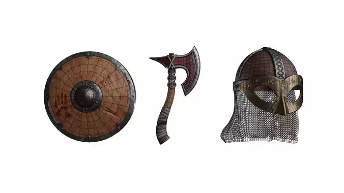 Low poly Assets viking helmets and shields