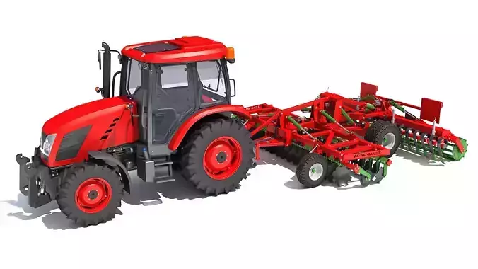 Tractor with Trailed Disc Harrow 3D model