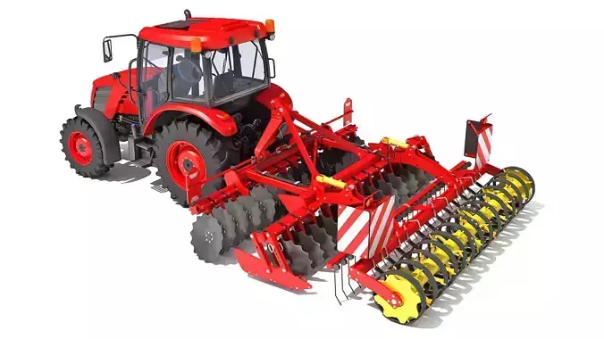 Tractor with Compact Disc Harrow 3D model