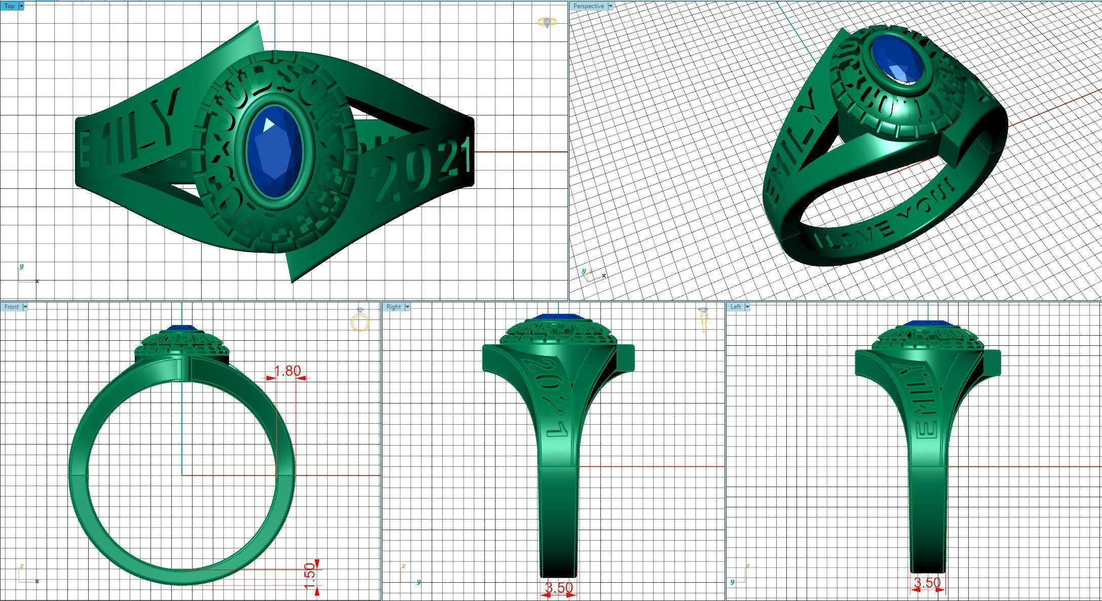 Personalized Class Ring 14 -Oval Gem for Females 3D print model_4