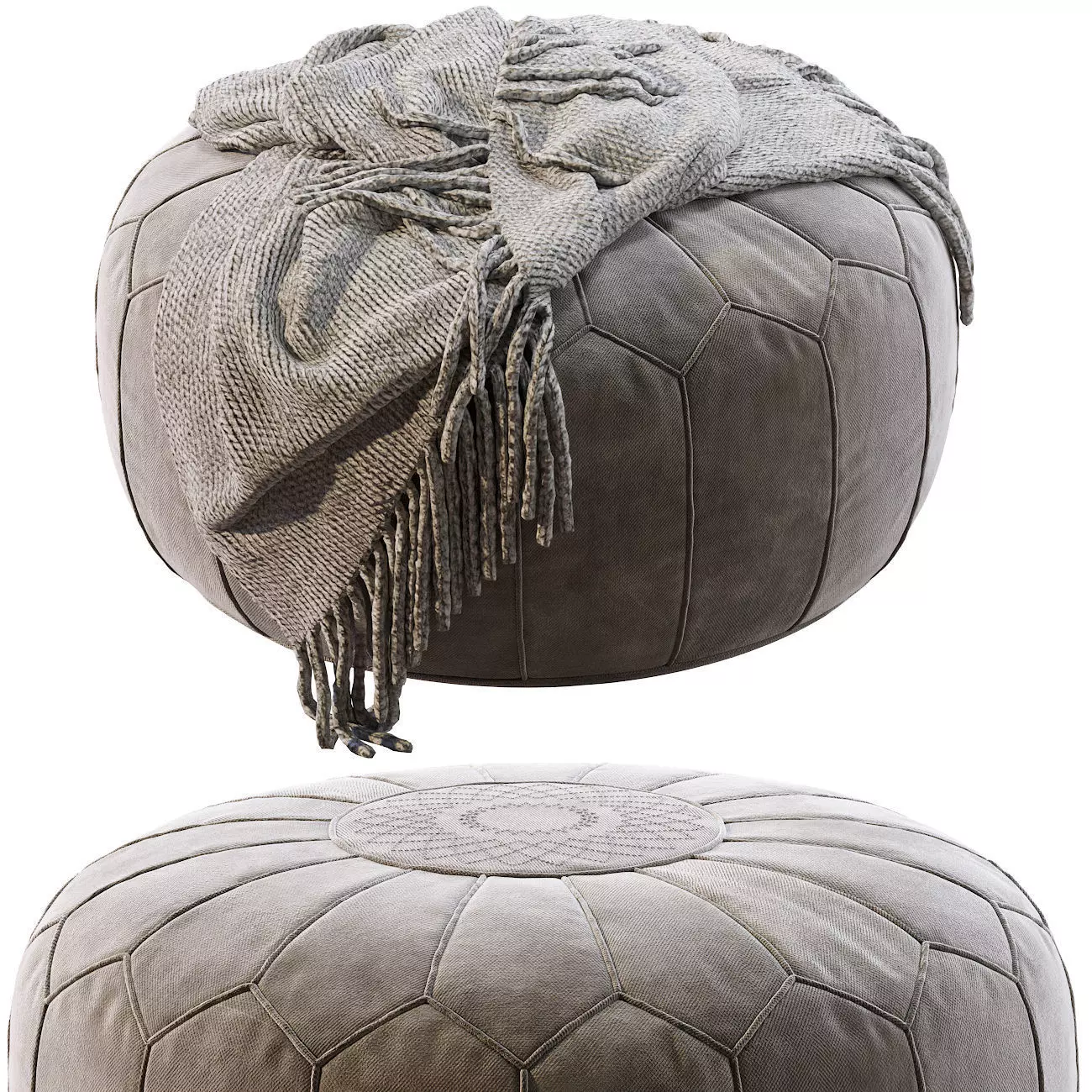 Vintage Round Moroccan Pouf Hand Tooled In Marrake 3D model_0