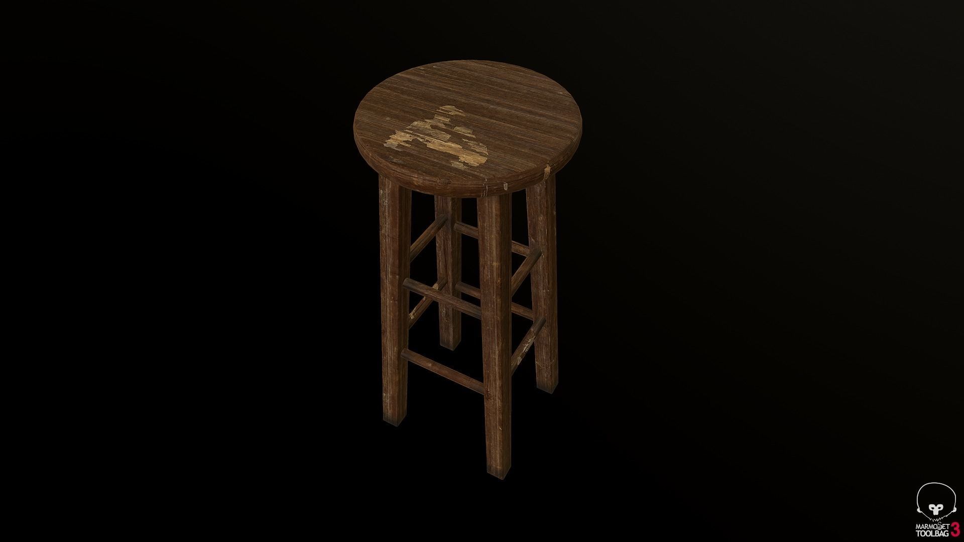 Old Wooden Stool Low-poly 3D model_6