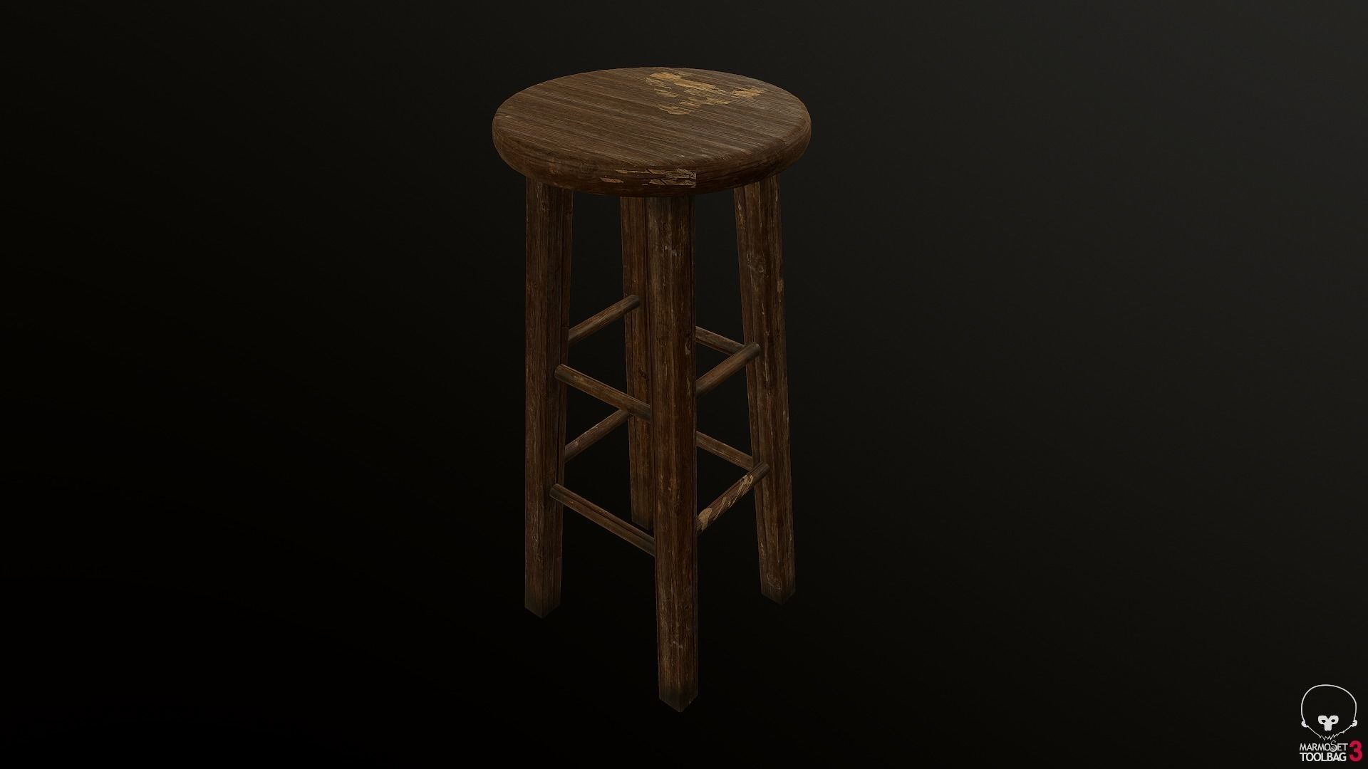 Old Wooden Stool Low-poly 3D model_3