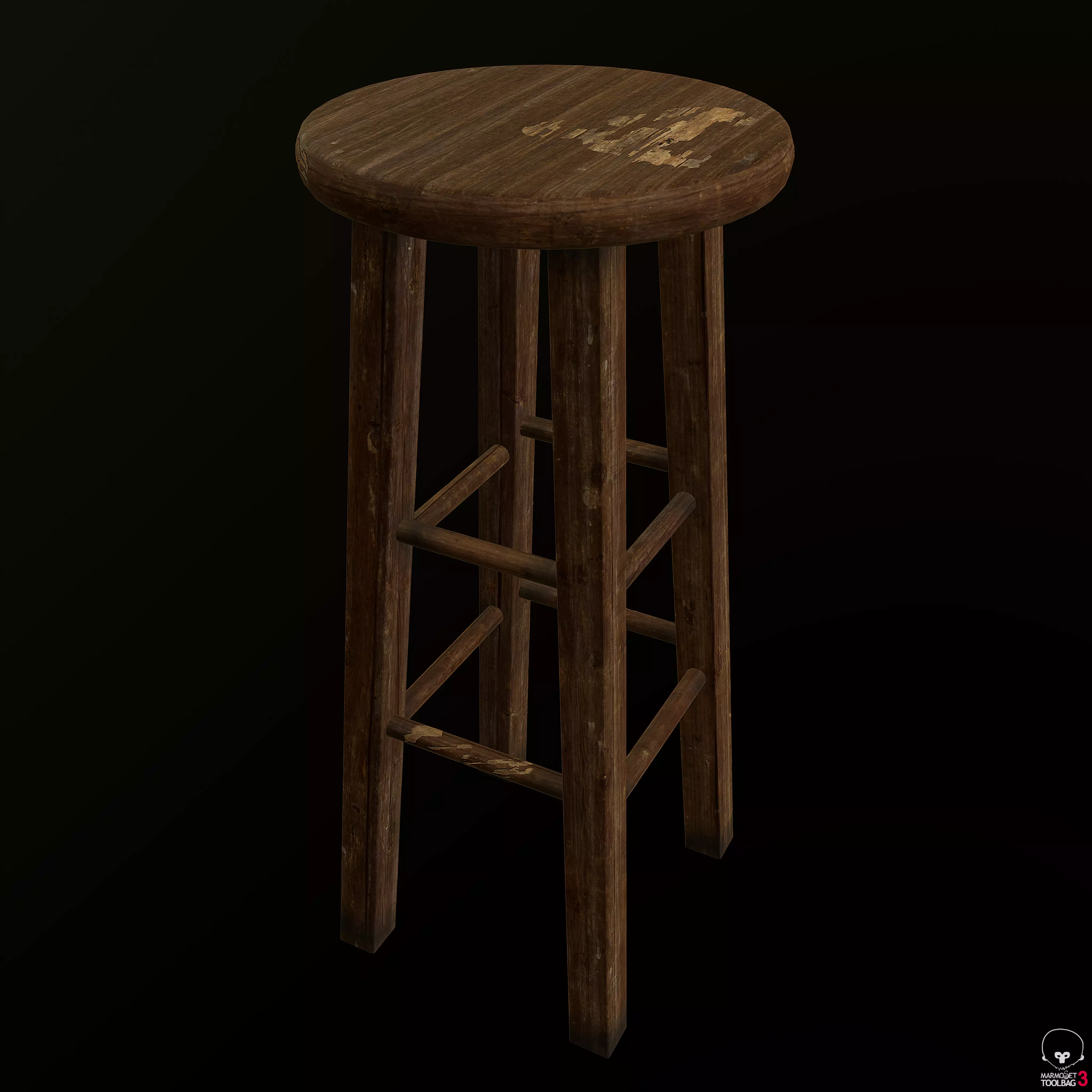 Old Wooden Stool Low-poly 3D model_0