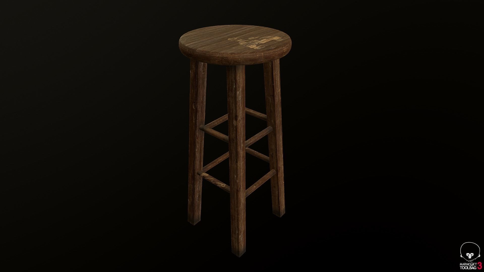 Old Wooden Stool Low-poly 3D model_2