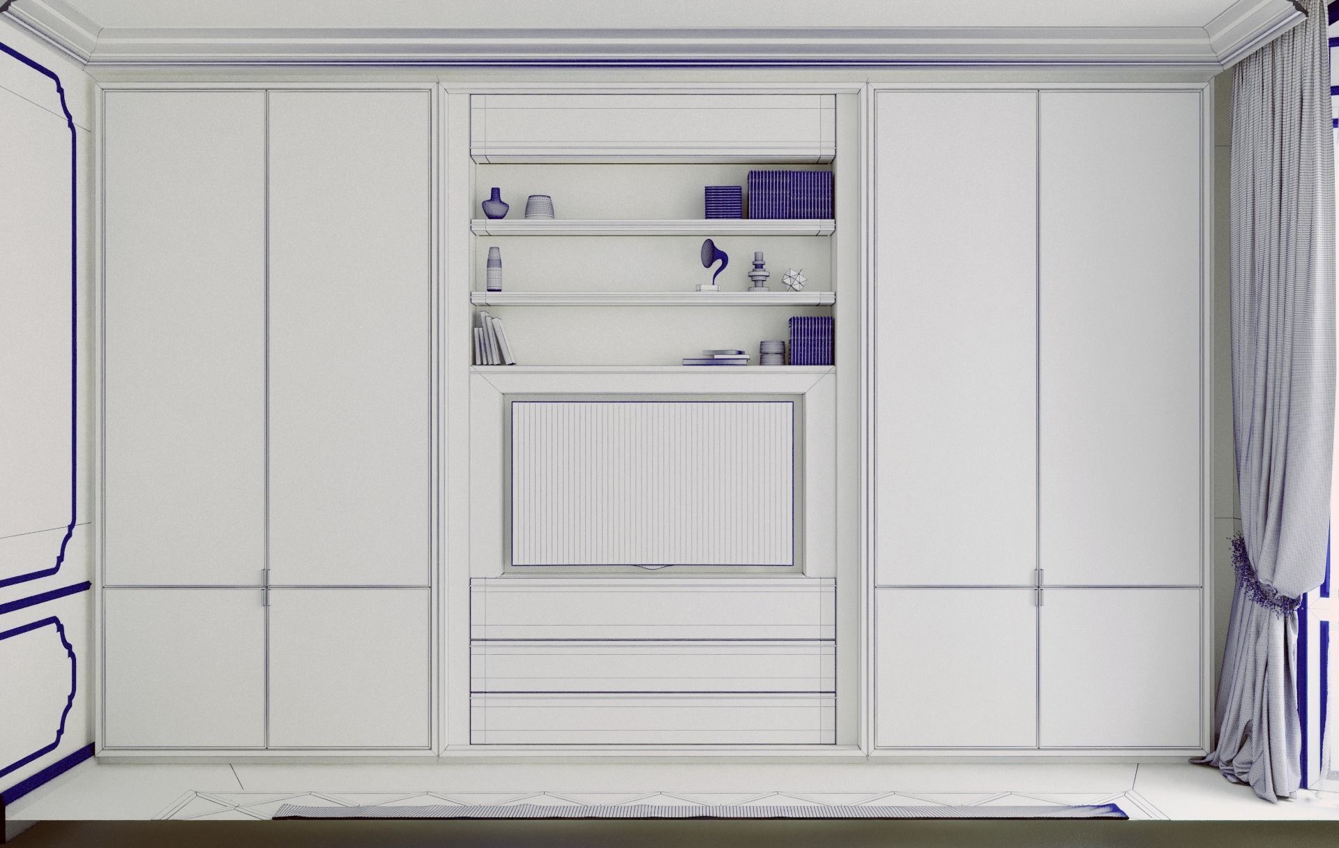 built-in TV-wall - multifunctional  bookshelves - wardrobe Low-poly 3D model_4