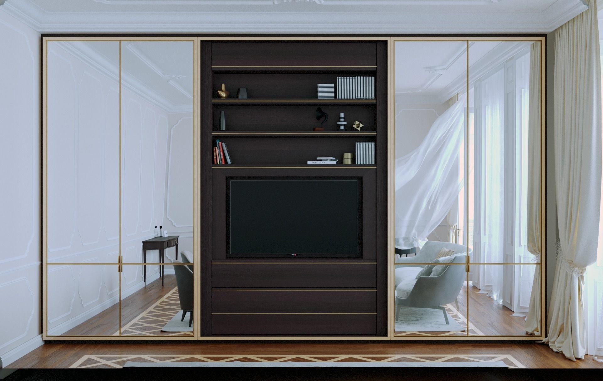built-in TV-wall - multifunctional  bookshelves - wardrobe Low-poly 3D model_3