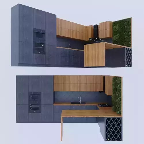 Kitchen modern with wooden cabinets and plants