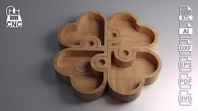 Heart Shaped Puzzle Tray 4 pieces - 3D STL and vector files
