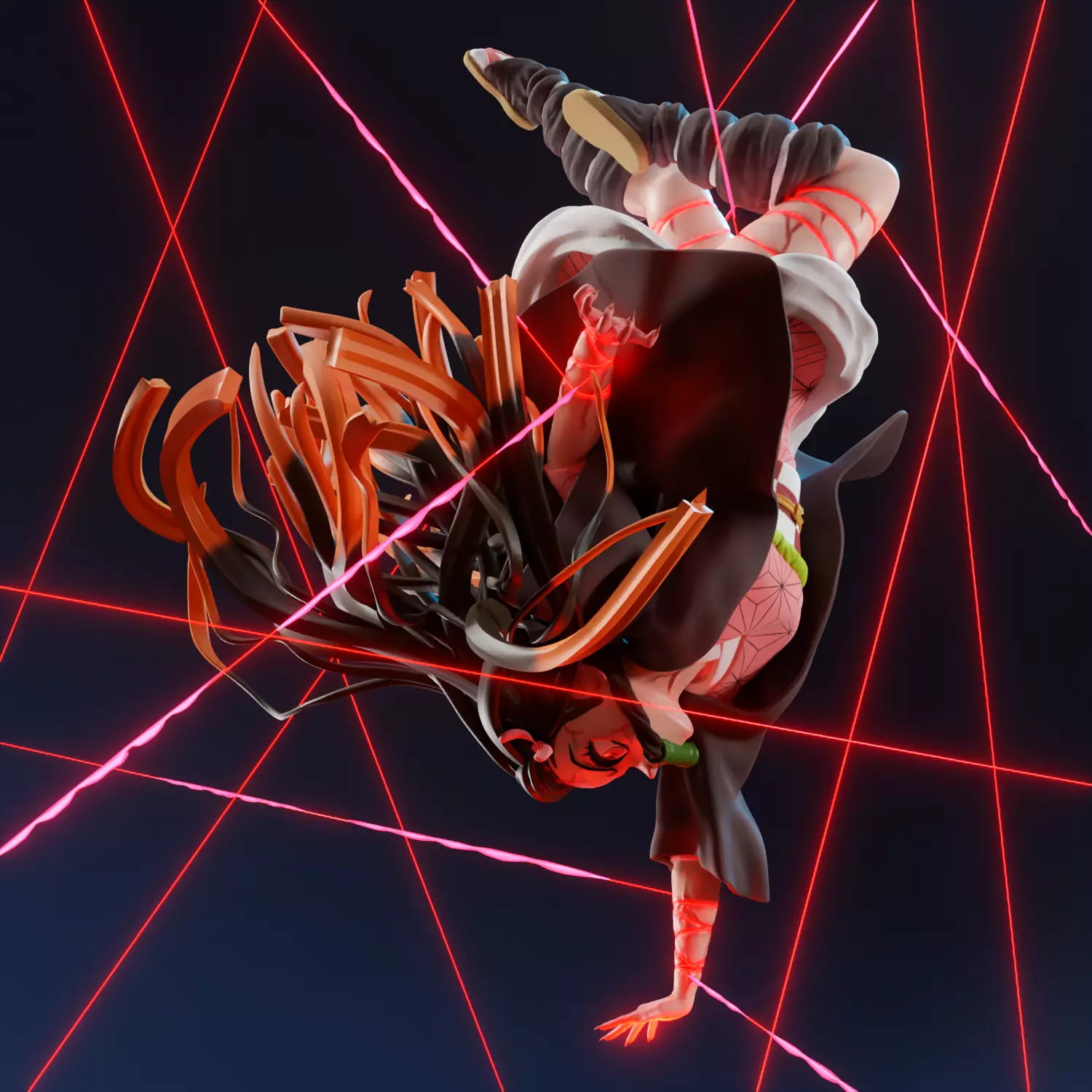 Nezuko person hanging from metal frame 3D print model_0