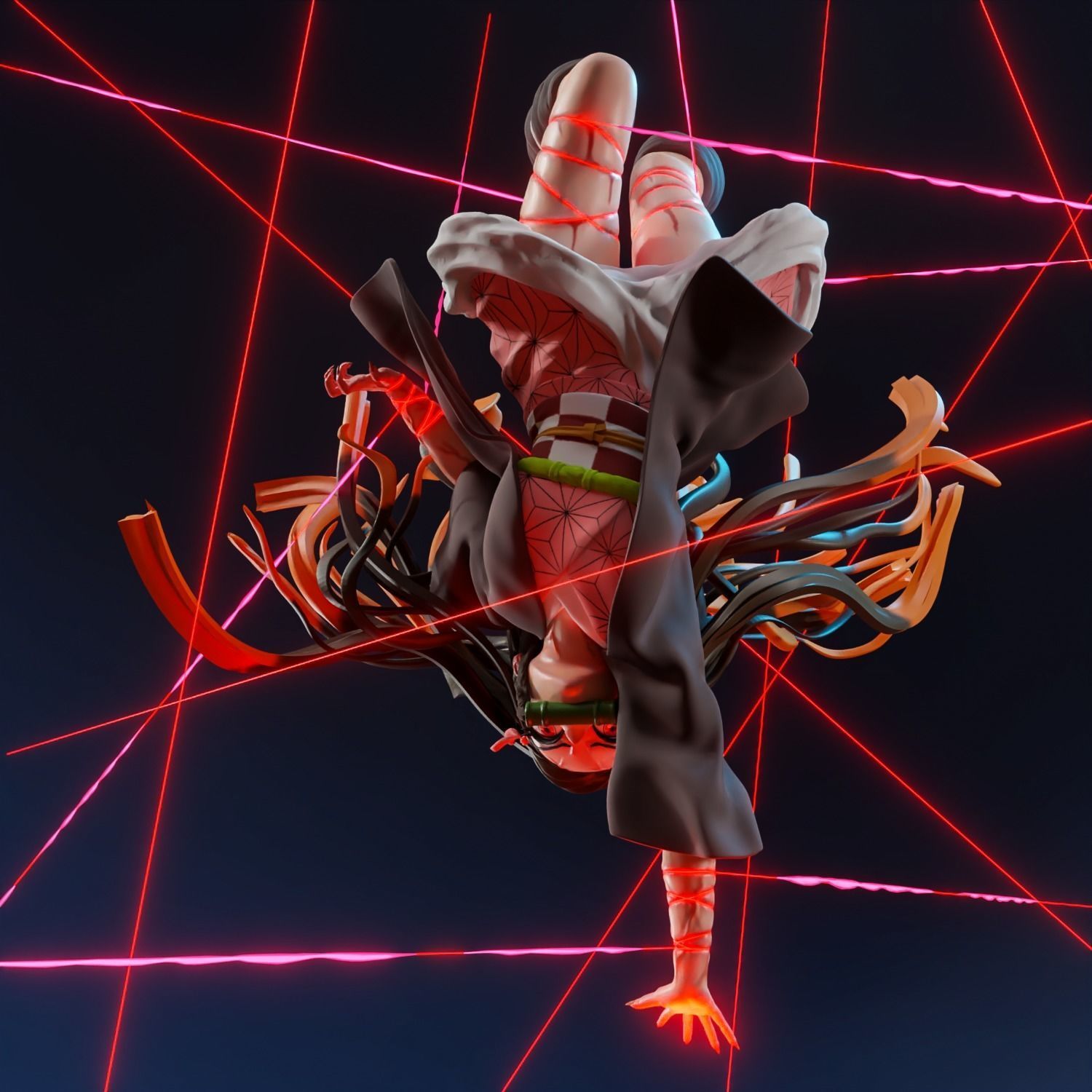 Nezuko person hanging from metal frame 3D print model_1