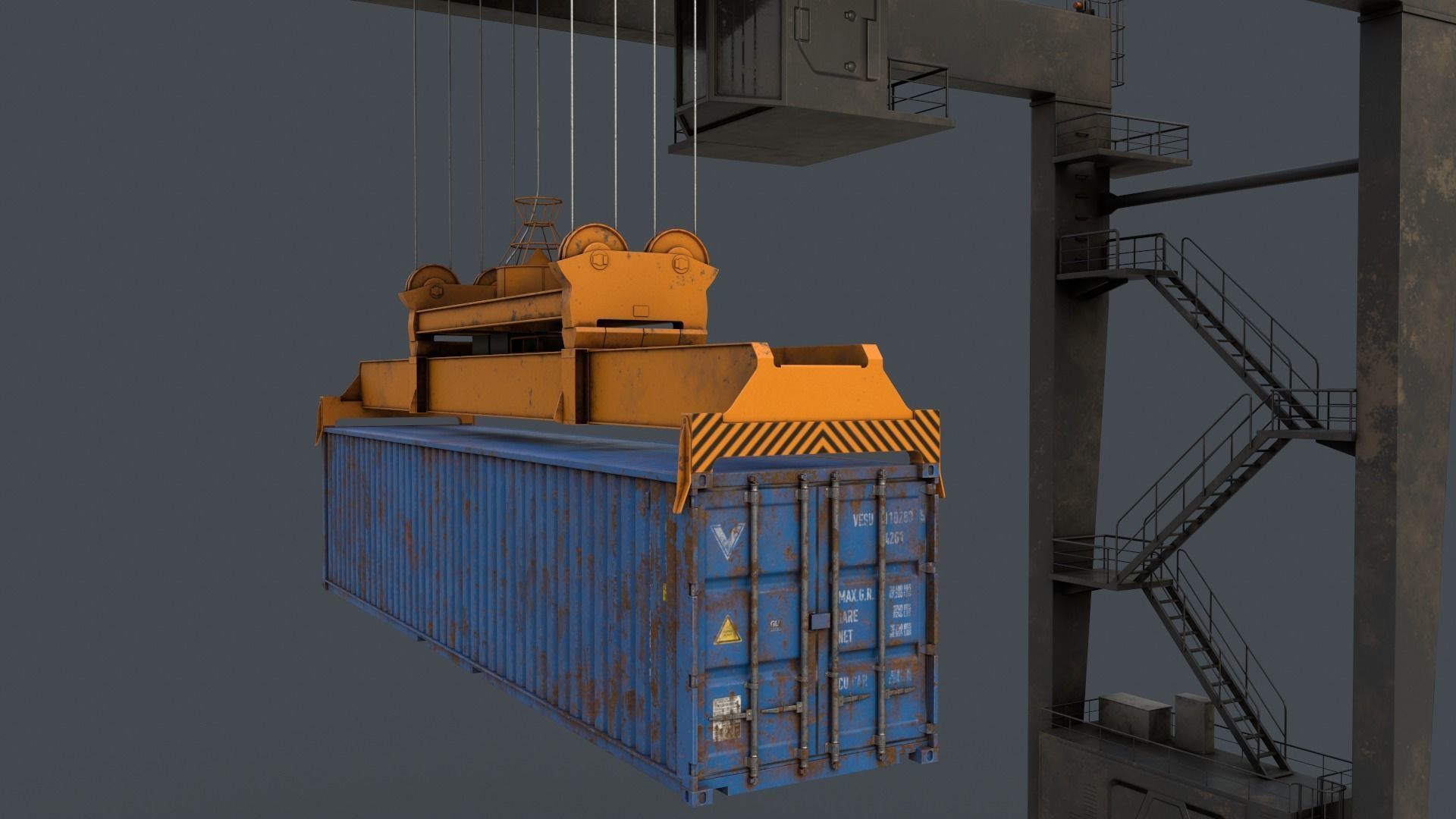 PBR Rubber Tyred Gantry Crane RTG V2 - Black Low-poly 3D model_10