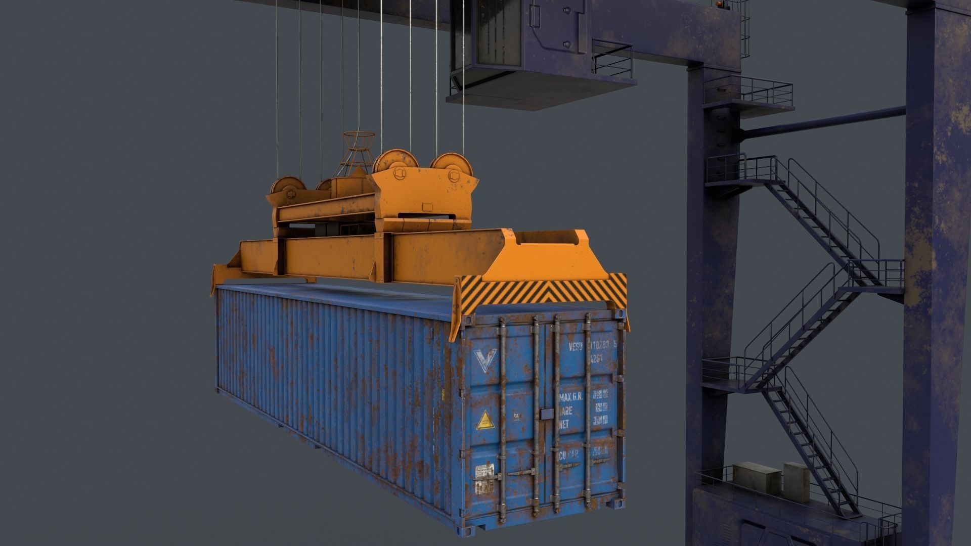 PBR Rubber Tyred Gantry Crane RTG V2 - Blue Dark Low-poly 3D model_10