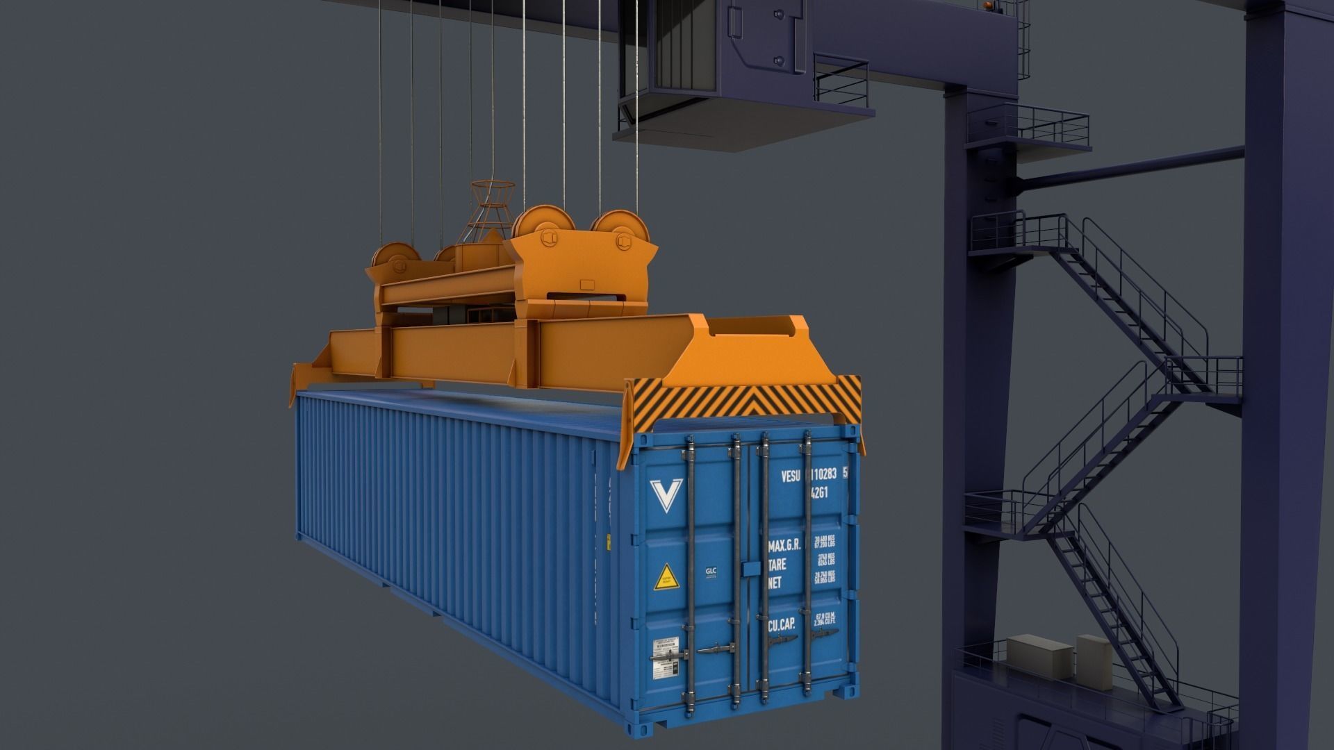 PBR Rubber Tyred Gantry Crane RTG V2 - Blue Dark Low-poly 3D model_9