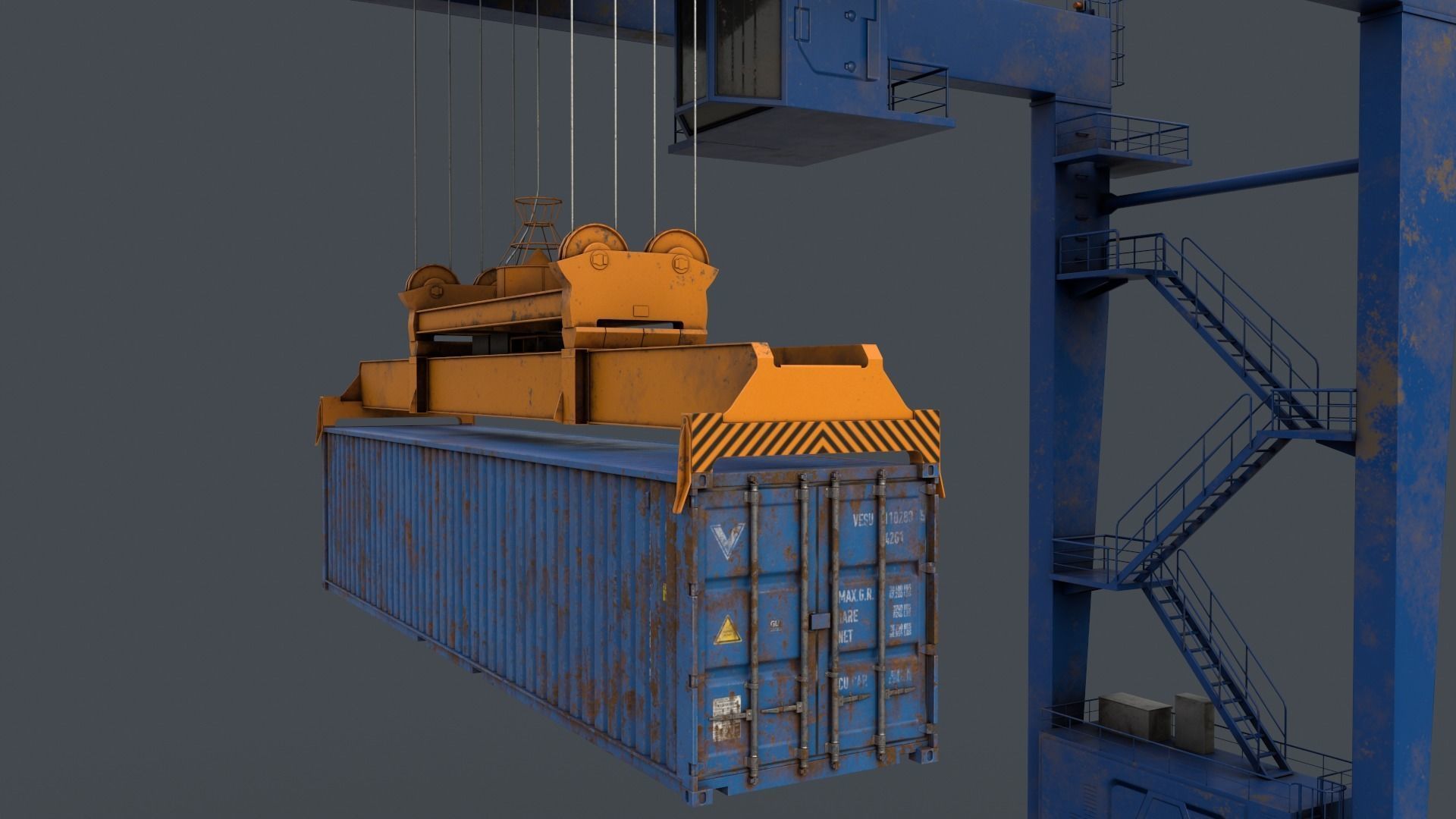 PBR Rubber Tyred Gantry Crane RTG V2 - Blue Low-poly 3D model_10