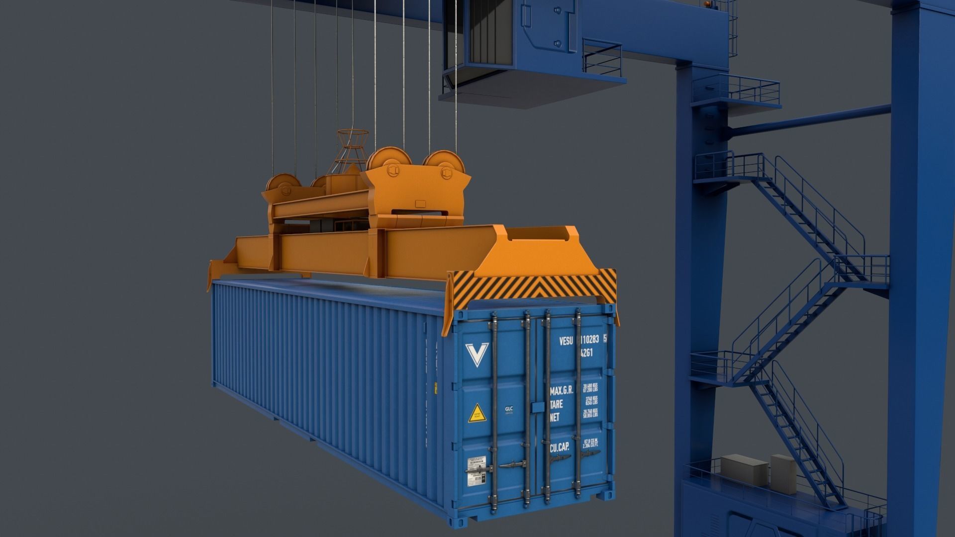 PBR Rubber Tyred Gantry Crane RTG V2 - Blue Low-poly 3D model_9