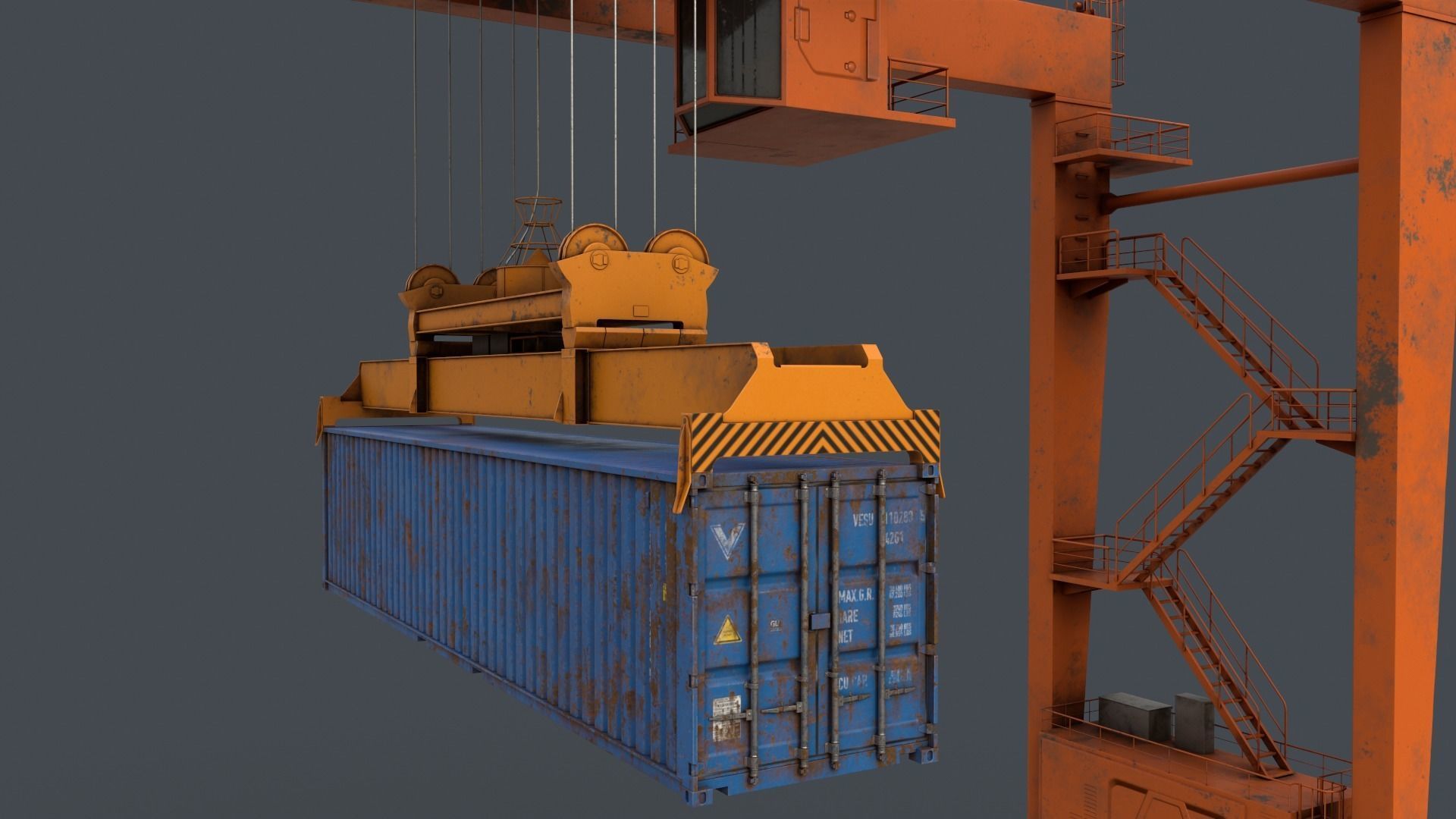 PBR Rubber Tyred Gantry Crane RTG V2 - Orange Low-poly 3D model_10