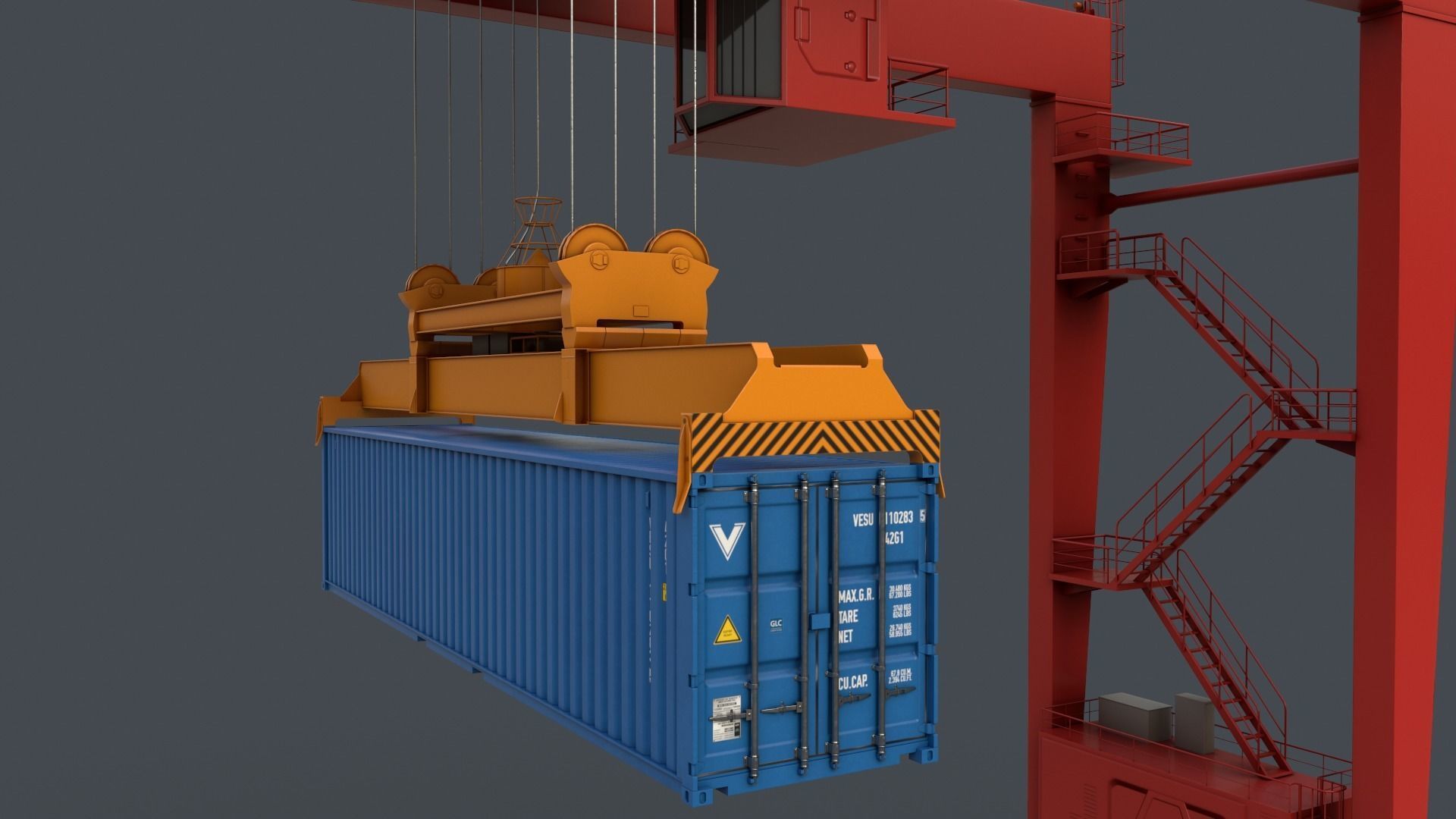 PBR Rubber Tyred Gantry Crane RTG V2 - Red Low-poly 3D model_9