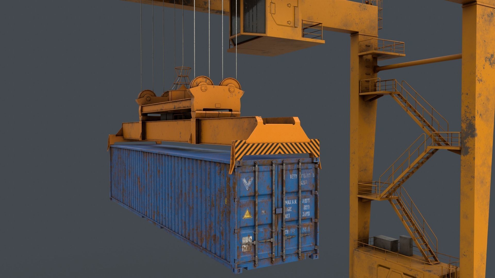 PBR Rubber Tyred Gantry Crane RTG V2 - Yellow Dark Low-poly 3D model_10