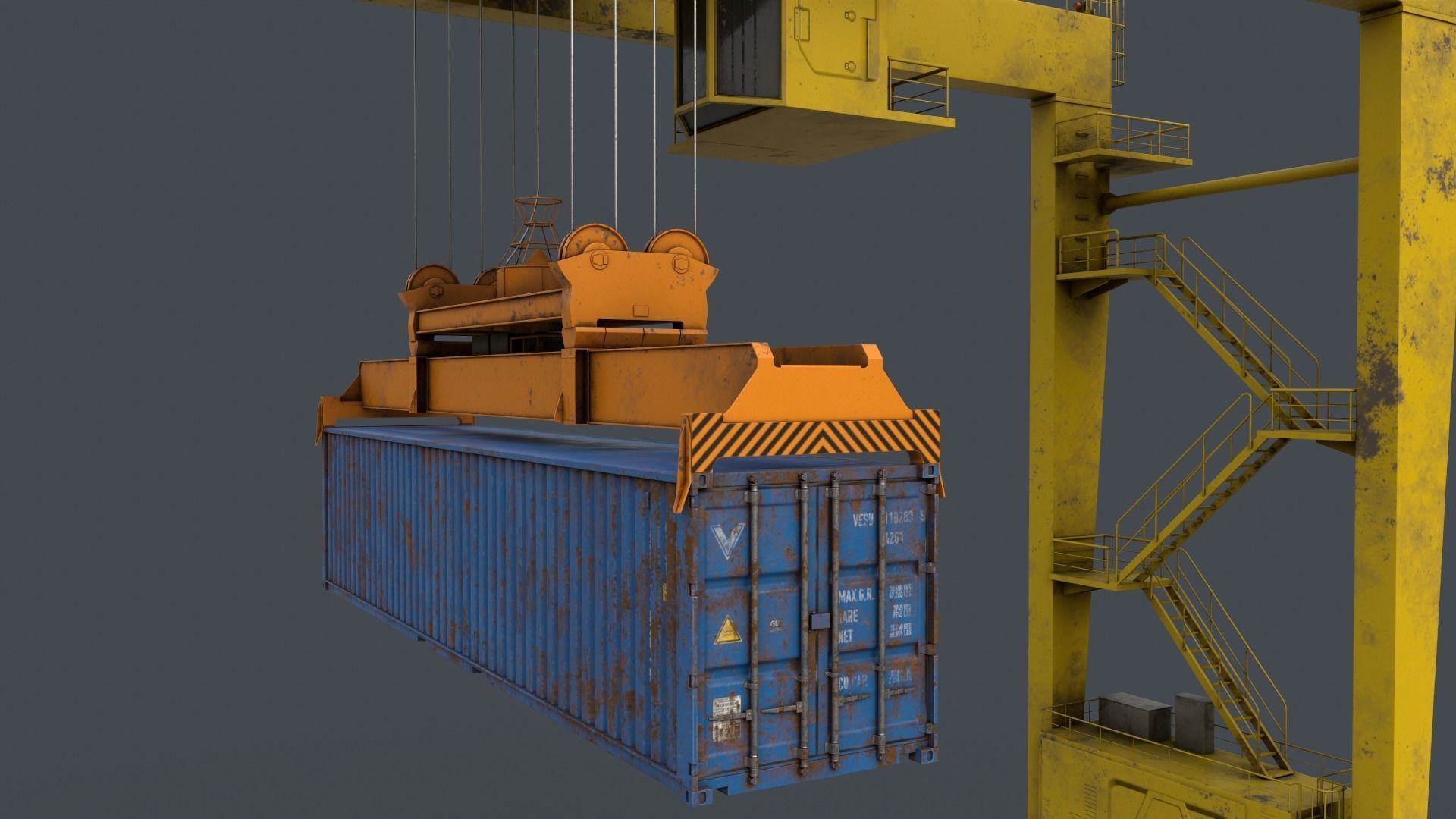 PBR Rubber Tyred Gantry Crane RTG V2 - Yellow Light Low-poly 3D model_10