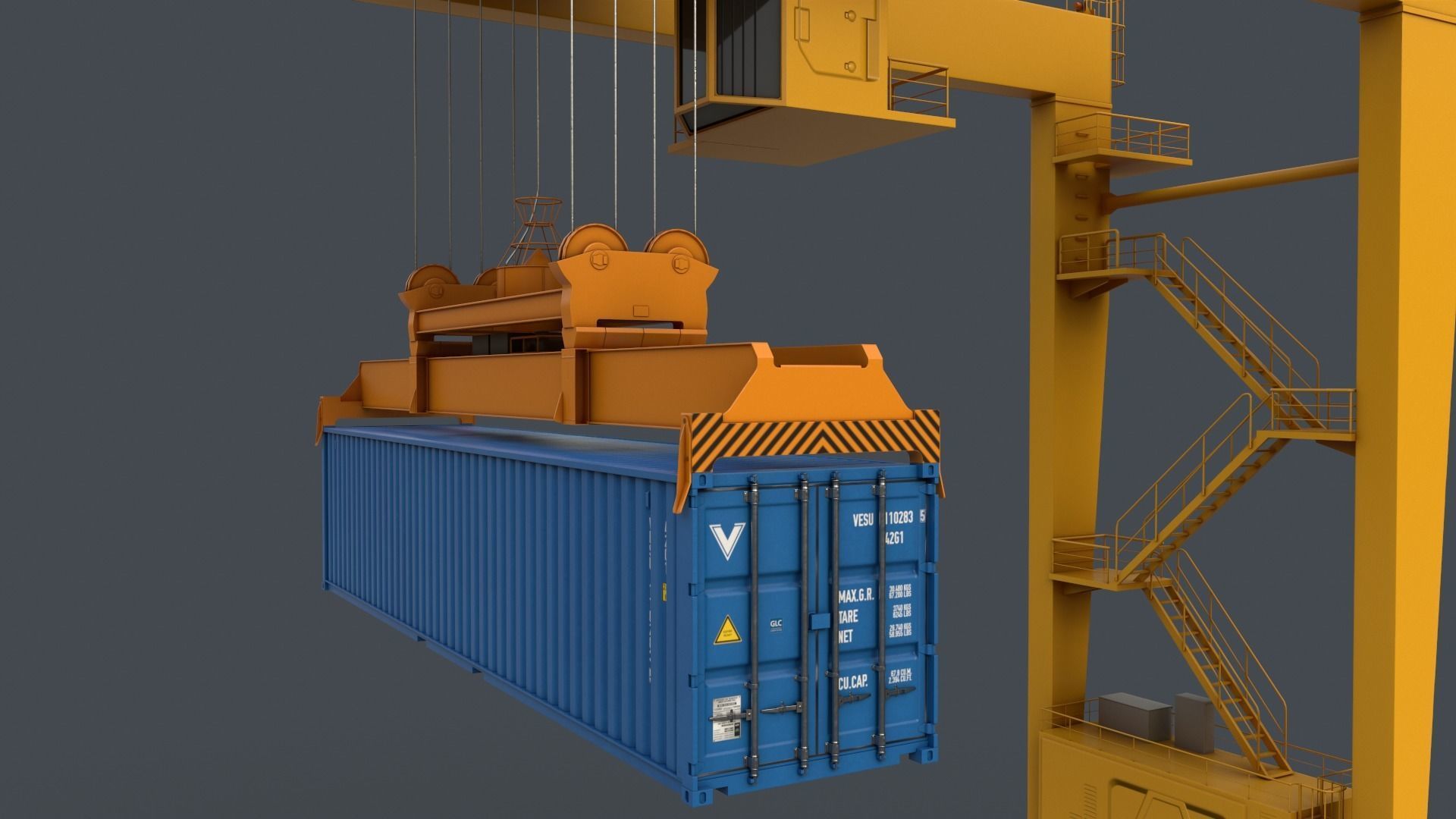PBR Rubber Tyred Gantry Crane RTG V2 - Yellow Low-poly 3D model_9