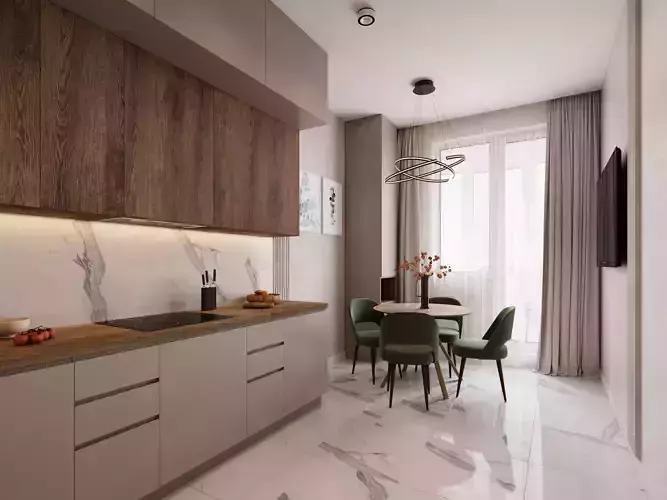 Light kitchen with wooden furniture scene